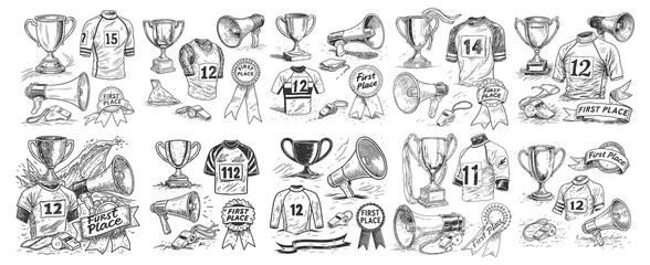 Fototapeta premium Sports competition achievement set with trophies winner ribbons megaphones jerseys and whistles