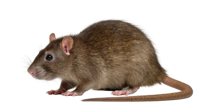 Brown common rat standing sideways with long tail and whiskers