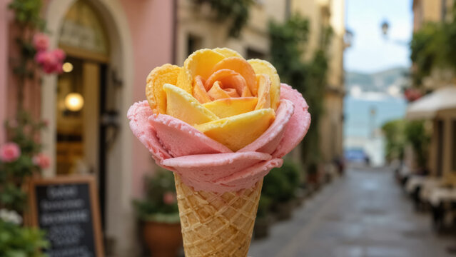 Artisanal rose shaped strawberry and mango gelato cone on blurred Italian street background