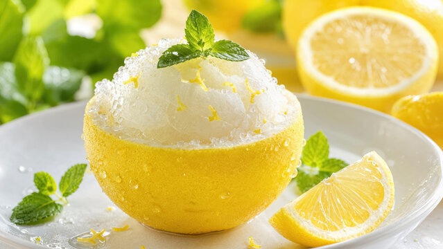 Fresh lemon and mint sorbet served in real lemon shell with icy crystals and dew drops