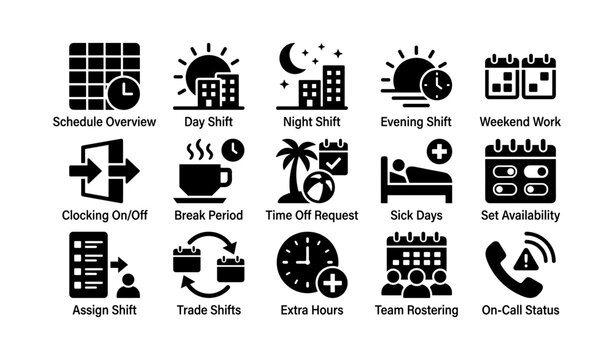 Work schedule and shift management icons arranged on white background