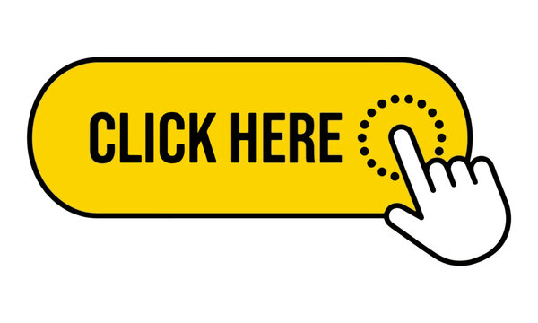Yellow Click Here web button and hand cursor pointer icon