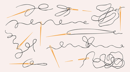 Obraz premium Golden thin Needles, curvy tangled black Threads set. Various positions. Hand drawn Vector illustration. Tailor, sewing instrument, needlework, fashion concept. Isolated design elements 