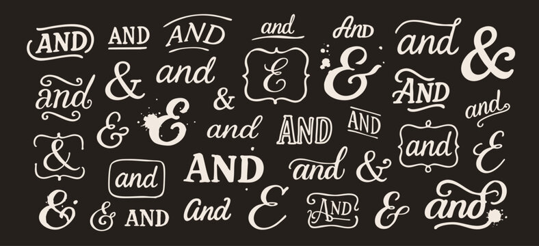 Ampersand symbols, and words set. Various shapes, fonts, styles, textures. Different frames. Hand dawn Vector illustration. Isolated design elements. Wedding invitation, poster, card templates