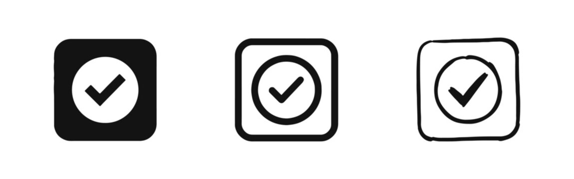 Checkmark Icon in Square Button, Success and Approval Symbol Set