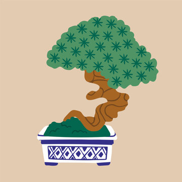 Beautiful Bonsai tree. Small decorative tree in a pot. Traditional Japanese plant, oriental garden art. Little potted decorative houseplant. Hand drawn trendy Vector illustration. Isolated element