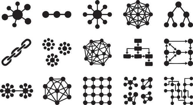 Network topology icons and complex data structure connection diagrams for computing and social media.