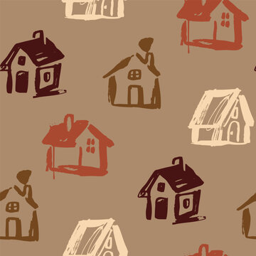 Various small tiny Houses. Paint brush cartoon minimal style. Flat design. Hand drawn Vector illustration. Building, sweet home, real estate concept. Square seamless Pattern. Brown, beige colors