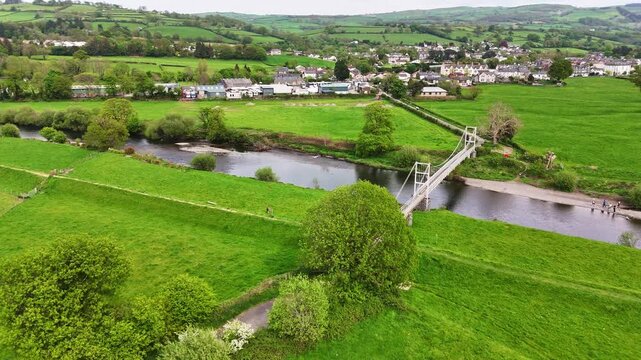 Aerial View of Pont Gower Suspension Bridge over the River Conwy, North Wales