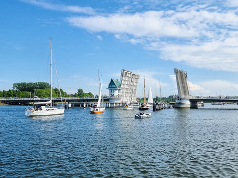 Sailboats waiting for bascule bridge opening in Kappeln