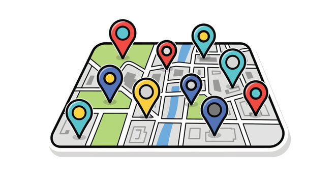 Colorful map markers on display.