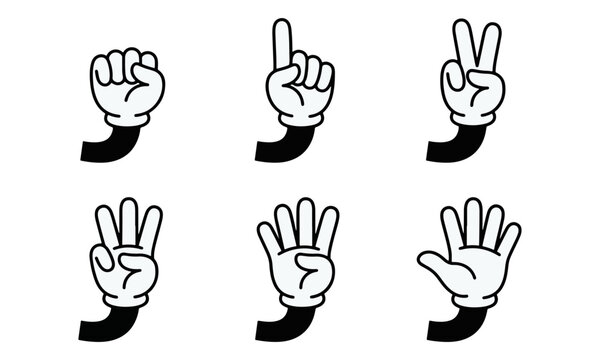 Cartoon gloved hands counting from zero to five on white background