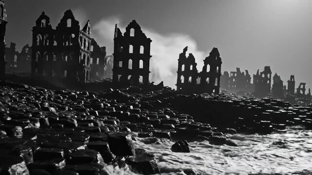 Black and white ruins of a city ravaged by war, standing amidst crashing waves and a desolate landscape
