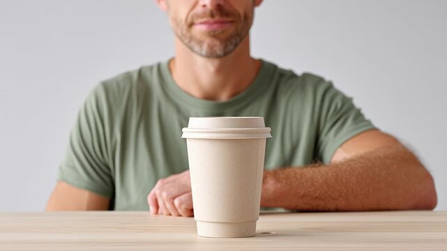 Man holding takeaway coffee cup with focused expression