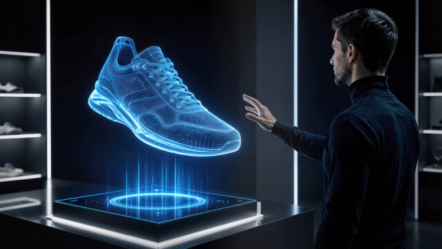 Man interacting with a floating 3D holographic sneaker in a dark room with blue tech wireframe
