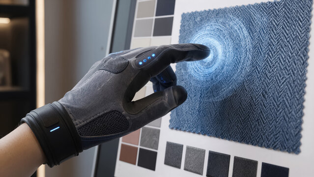 Close up of hand in a haptic glove touching virtual fabric on a screen for sensory e-commerce