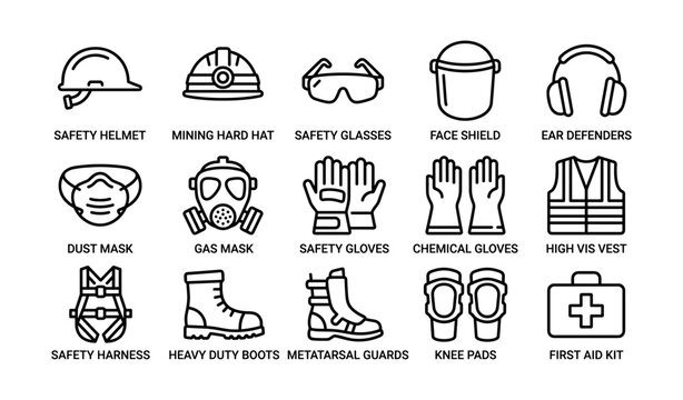 Safety equipment icons showing protective gear in grid