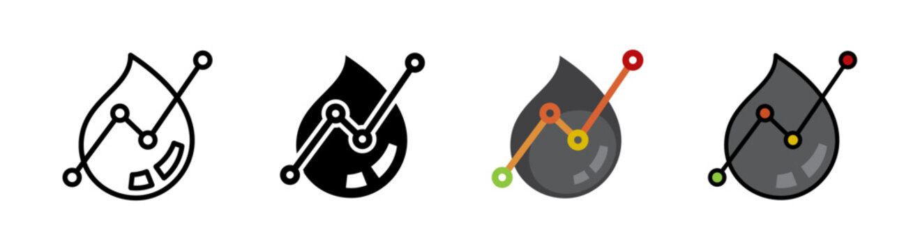 Oil price increase icon, oil drop with upward chart graph. Icon set of 4 style variation.