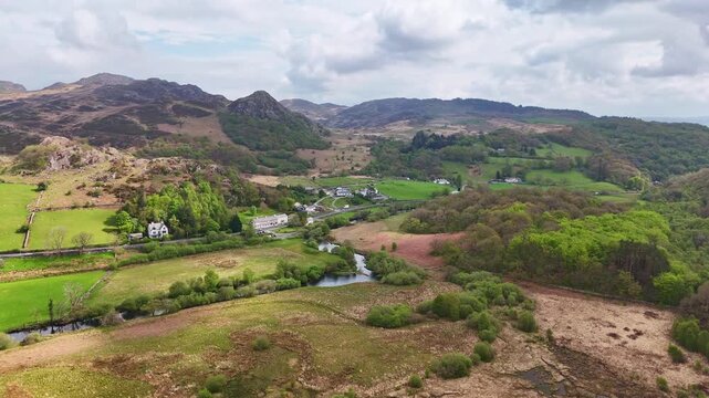 Panoramic Aerial Flyover of the Capel Curig Landscape, Eryri (Snowdonia), North Wales