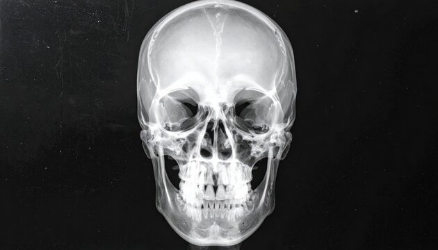 Clear Frontal Human Skull Radiograph Displaying Detailed Orbital Sockets, Nasal Cavity Structures, and Dental Anatomy, Presented in a Cinematic Widescreen Format Ideal for Scientific Medical Education