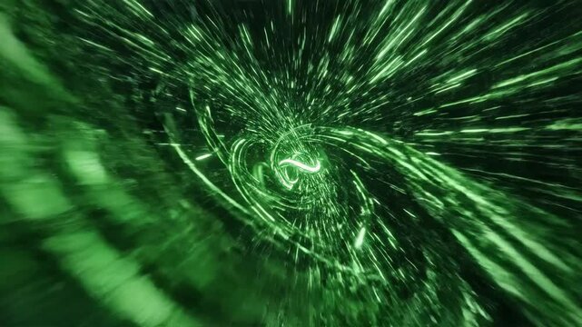 Glowing green neon twirl with light motion and energy beam, abstract background with vortex speed flow, vector trail effects and dynamic curved design with futuristic technology style