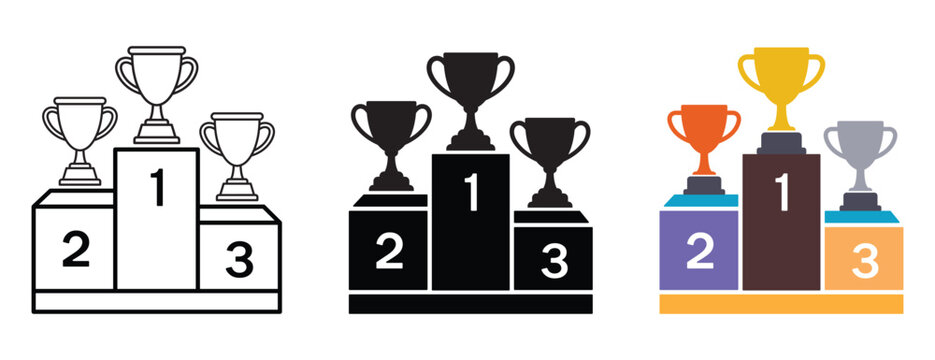 Three styles of winner podiums with trophies showing first second and third place ranking icons set