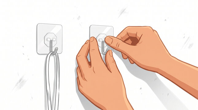 Hands applying adhesive hooks on wall for organizing cables  