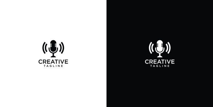 Sleek, minimalist microphone logo design with radiating sound waves, embodying creative audio content, podcasting, broadcasting, and communication for modern media and innovative platforms