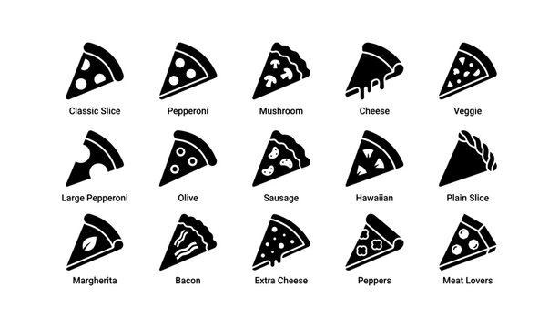 Pizza slice icons grid displaying various toppings and styles