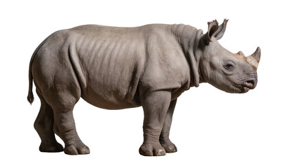 Obraz premium Gray African Rhinoceros Standing Profile View with Horns and Wrinkled Skin
