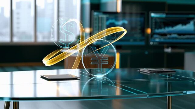 Financial symbols of dollar and yen intertwined with glowing lines on a modern glass table in a contemporary office setting with digital screens in the background