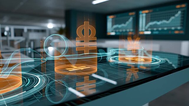 Digital currency symbols transition across a futuristic touchscreen interface in a modern office environment with financial charts displayed in the background