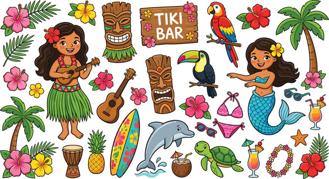 Tropical Tiki Bar Hawaiian Clipart Set with Hula Girl, Mermaid, Exotic Birds, and Beach Elements for Summer Designs