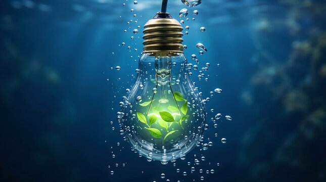 Light bulb floats underwater, glowing green. Bubbles rise around it in deep blue water. Small leaves thrive inside the glass