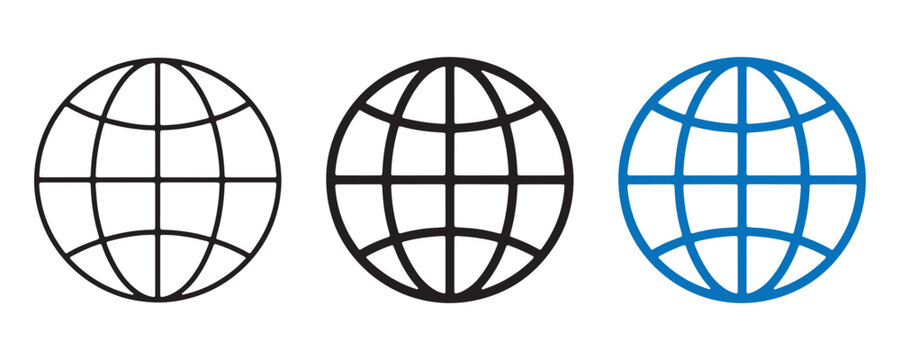 Three globe line icons representing world map and global communication in black and blue colors
