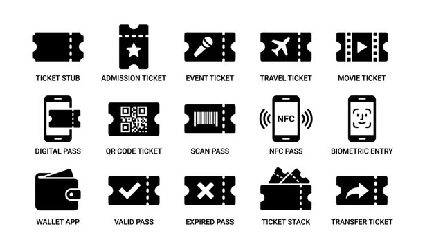 Ticket and pass icons grid depicting digital entry symbols