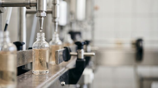 Clear glass bottles on a conveyor belt receiving liquid fill from automated machinery
