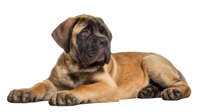 Young fawn English Mastiff puppy lying down in repose
