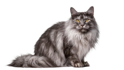 Fluffy gray tabby cat with yellow eyes sitting attentively © Nuria