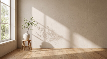 Fototapeta premium Soft sunlight filters through a window. Vase holds delicate greenery on a small wooden stool. Textured walls and warm wood floors create calm serenity