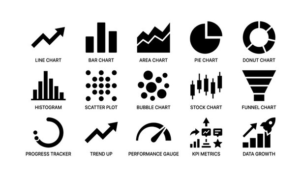 Data visualization icons showing charts and performance metrics grid