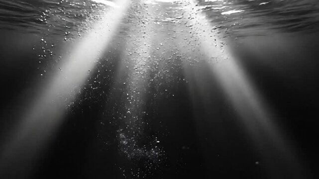 Underwater view of rising bubbles with shafts of light streaming from the surface, creating a moody, evocative scene