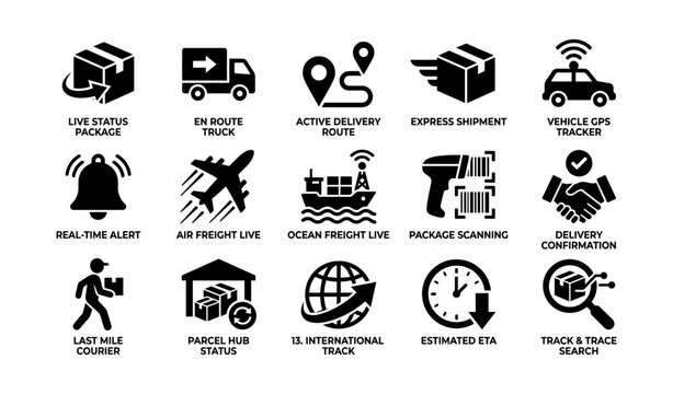 Delivery and tracking icons showing shipment status and routes