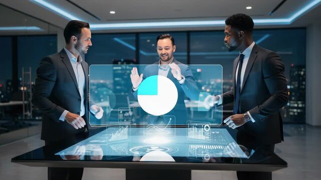 Business professionals collaborating with futuristic touchscreen table in modern office environment