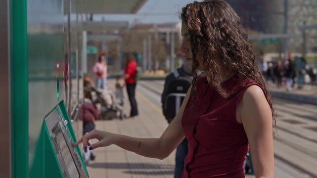 Young commuter woman buying tram ticket from vending machine