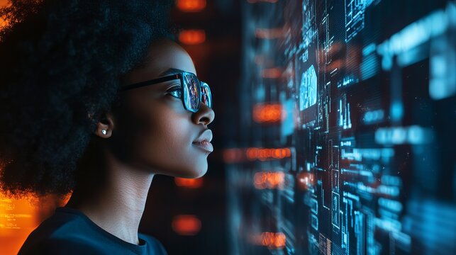 Young woman wearing glasses looking at blue glowing digital data on a large vertical screen