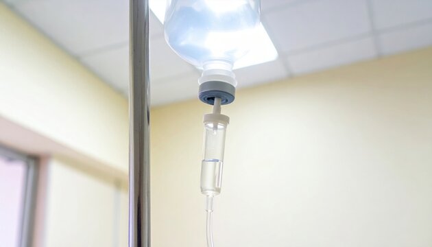 Medical intravenous drip bag filled with clear sterile saline solution hanging from a polished metal stand in a hospital room, capturing a clean clinical environment for health care concepts.