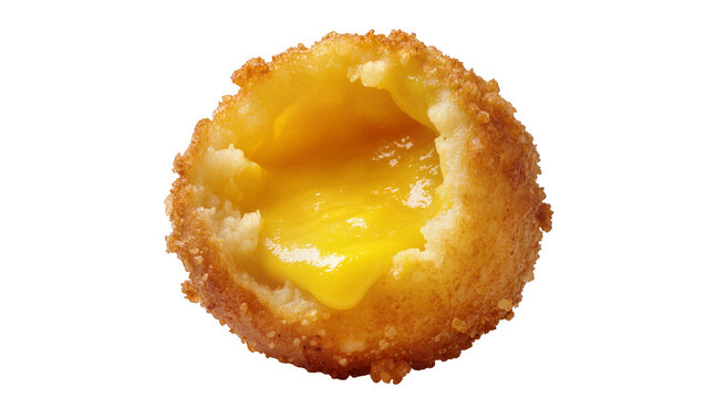 Crispy golden fried ball with runny yellow egg yolk inside