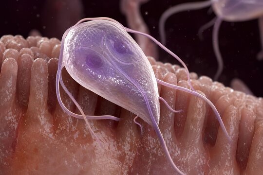 Giardia lamblia organisms adhering to intestinal epithelial cells, showing flagella and suckers, ideal for gastroenterology, waterborne illness awareness, and microbiology reference