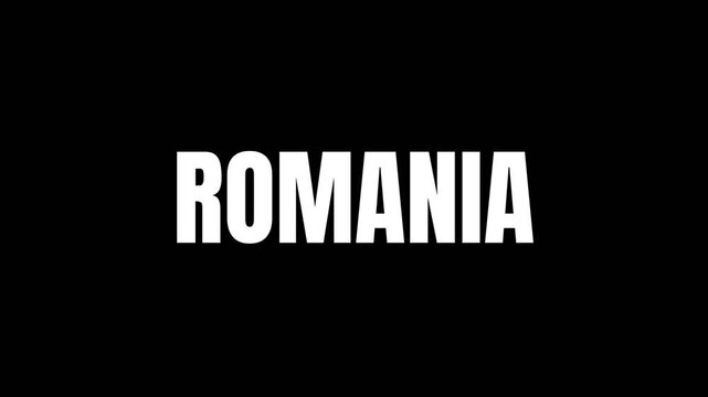Clean bold white ROMANIA text smoothly animated on a dark background, creating a strong and modern country typography visual.